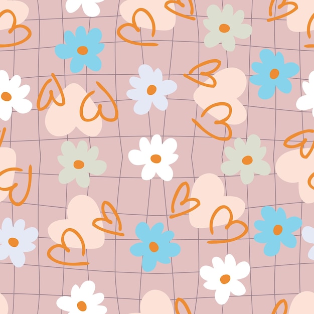 Trippy grid patrón sin costuras con corazones y flores de margarita Estampado floral a cuadros para papel de tela Camiseta Ilustración de vector estético hippie romántico para decoración y diseño