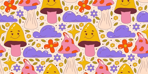 Trippy groovy flower seamles patrón Patrón floral groovy retro con hongo y nube Diseño de dibujos animados psicodélicos Fondo transparente de verano Ilustración vectorial