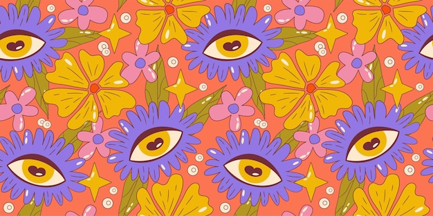 Trippy groovy flower seamles patrón Patrón floral groovy retro con margarita y ojo Diseño de dibujos animados psicodélicos Fondo transparente de verano Ilustración vectorial