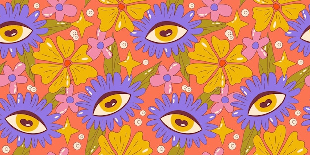 Trippy groovy flower seamles patrón patrón floral groovy retro con margarita y ojo diseño de dibujos animados psicodélicos fondo transparente de verano ilustración vectorial