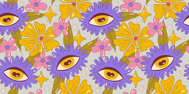 Trippy groovy flower seamles patrón Patrón floral groovy retro con margarita y ojo Diseño de dibujos animados psicodélicos Fondo transparente de verano Ilustración vectorial