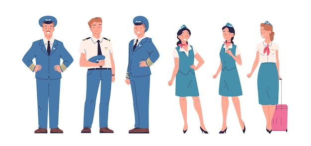 Vector tripulación de avión personal de la aerolínea comandante de avión piloto o asistente de vuelo capitán azafata equipo de aviación trabajadores en uniforme aviadores ocupación ilustración vectorial de clase