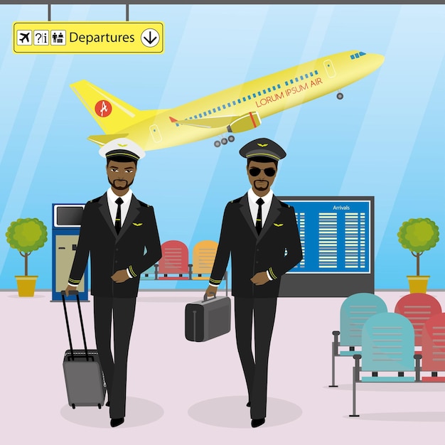 La tripulación de cabina camina en un aeropuerto moderno con pilotos de equipaje en ilustración vectorial uniforme