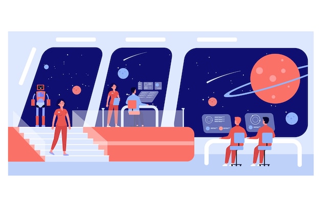 Tripulación de la estación espacial interestelar. Capitán, oficiales y robots que monitorean planetas. Ilustración de ciencia ficción, concepto de exploración espacial.