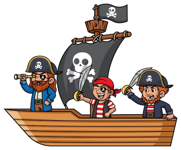 Tripulación de piratas a bordo de un barco con velas negras ilustración de dibujos animados