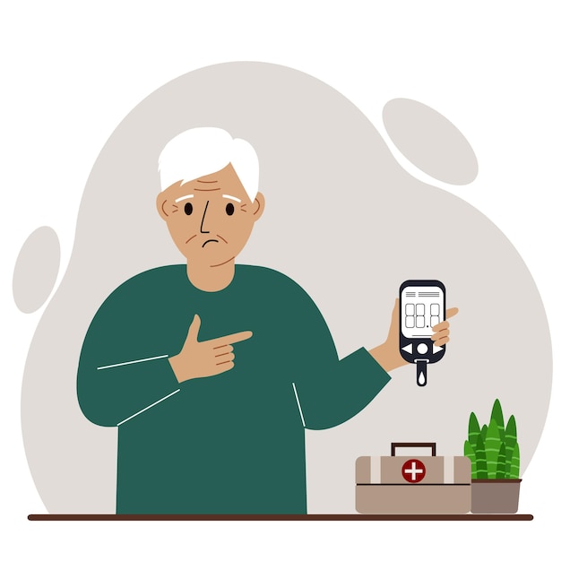 Triste anciano sostiene un glucómetro en su mano El concepto de control de azúcar en sangre diabético Vector ilustración plana