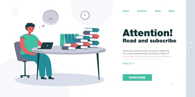 Triste caricaturista sentado en la mesa con montones de libros. Niño aburrido que usa la computadora portátil para la tarea, ilustración de vector plano de burbuja de pensamiento. Escuela, concepto educativo para banner, diseño de sitio web o página de inicio