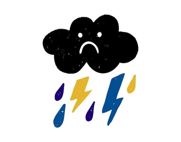 Triste dibujos animados azul garabateado nube relámpago y gotas de lluvia ansiedad ansiedad y depresión tristeza salud mental