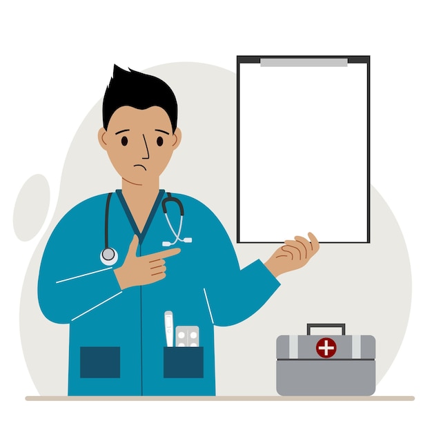 Triste doctor sosteniendo un archivo con papel en blanco para texto. Ilustración plana vectorial