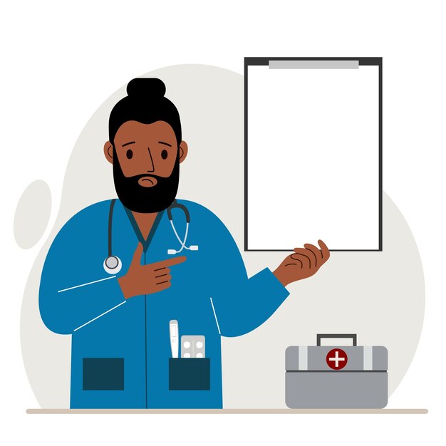Triste doctor sosteniendo un archivo con papel en blanco para texto. Ilustración plana vectorial
