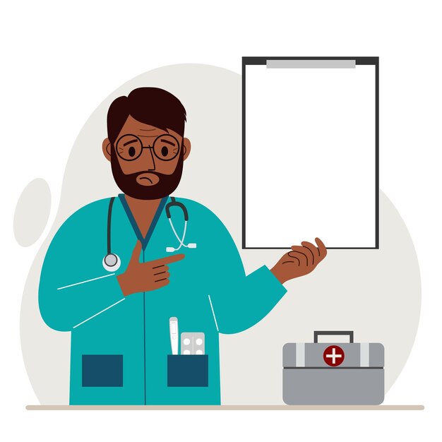 Triste doctor sosteniendo un archivo con papel en blanco para texto. Ilustración plana vectorial