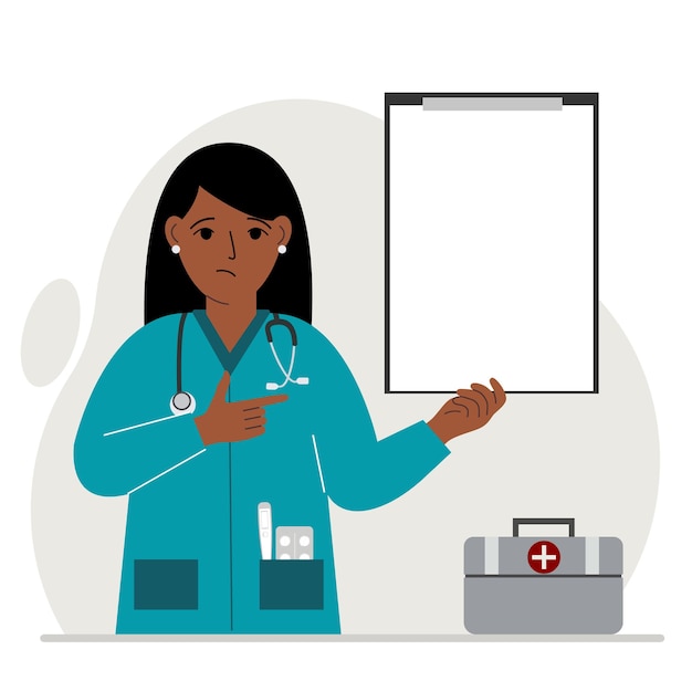 Triste doctora sosteniendo un archivo con papel en blanco para texto. Vector
