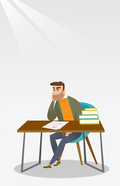 Triste estudiante mirando el papel de prueba con mala marca.
