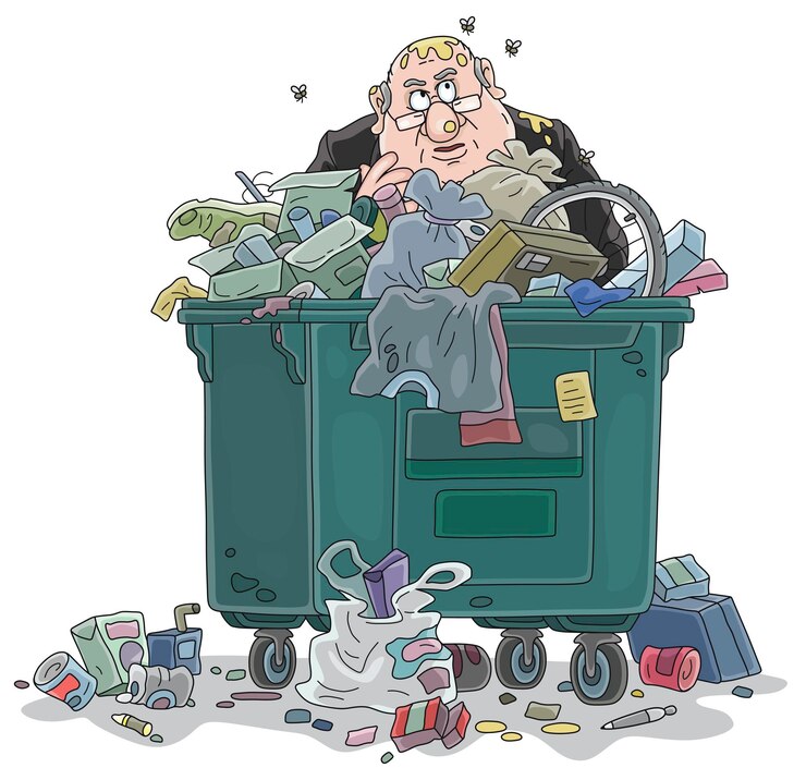 Vector triste funcionario corrupto despedido y arrojado a un bote de basura con basura y desechos domésticos