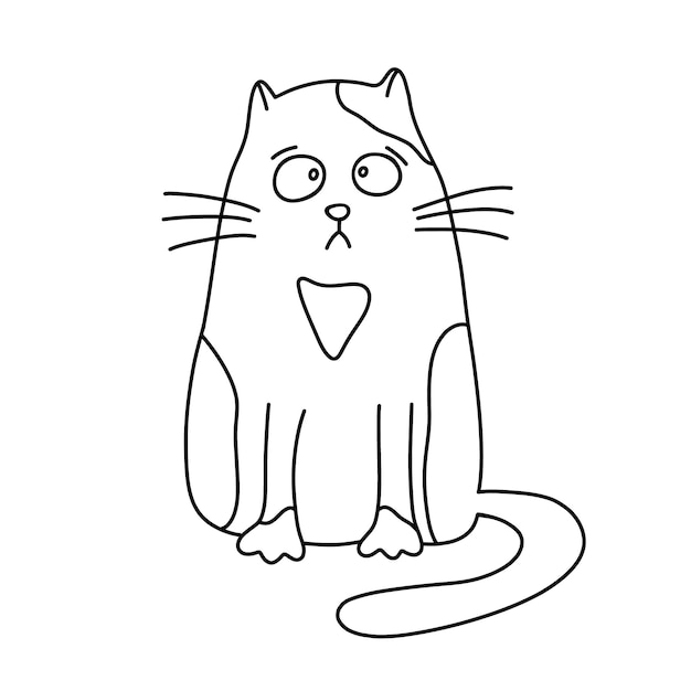 Triste gato sentado en estilo garabato Ilustración vectorial dibujada a mano Contorno negro aislado