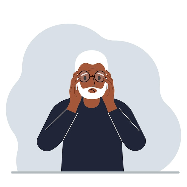 Triste hombre con gafas. Concepto de problema de visión. Ilustración plana vectorial