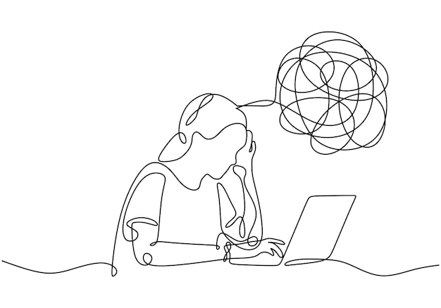 Vector triste infeliz mujer joven dibujo de línea continua frente a la computadora portátil problema de psicología con estrés depresión y mal humor estilo de trazo de contorno de ilustración vectorial minimalista