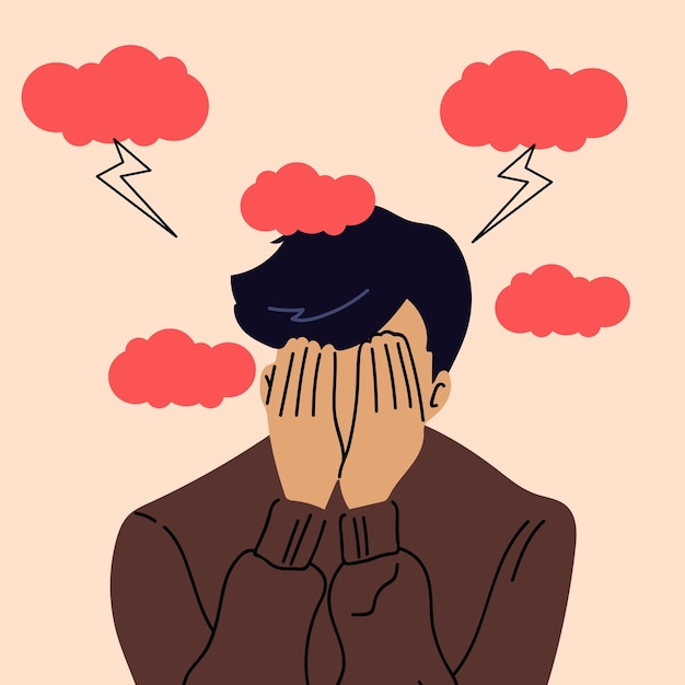 Triste joven estresado bajo nubes con relámpagos Psicología depresión mal humor