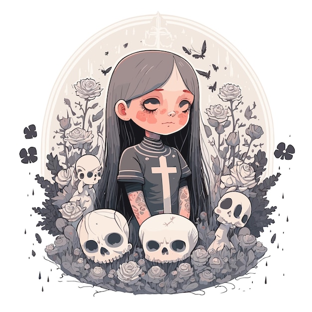 Vector triste jovencita con flores, pájaros y calaveras