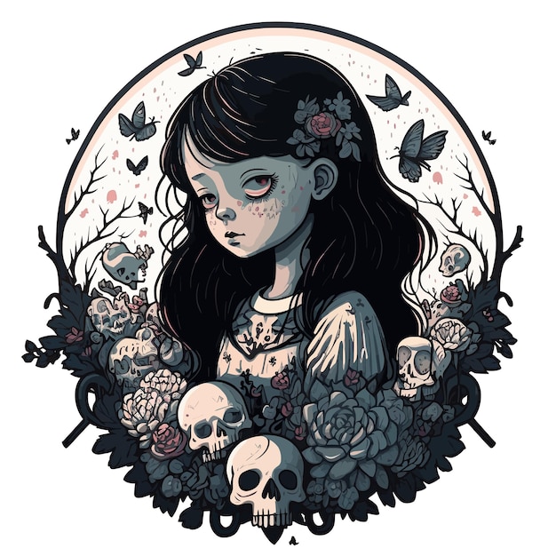 Vector triste jovencita con flores, pájaros y calaveras