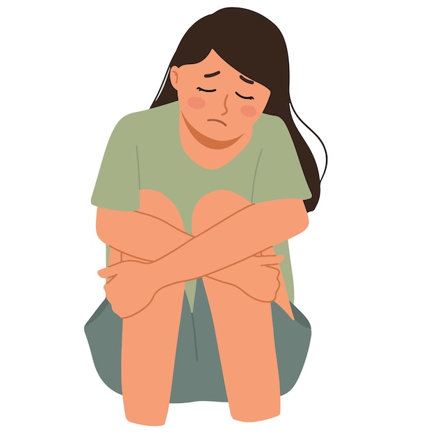 Triste mujer desesperada sosteniendo su ilustración de rodillas