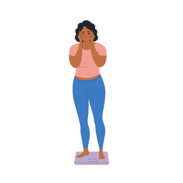 Vector triste mujer gorda deprimida con sobrepeso parada en escalas sorprendida por el aumento de peso vector ilustración de dibujos animados de estilo plano