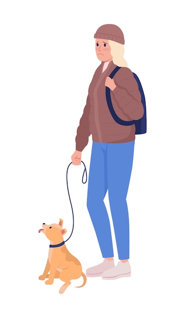 Triste mujer joven con perro con correa de carácter vectorial de color semiplano