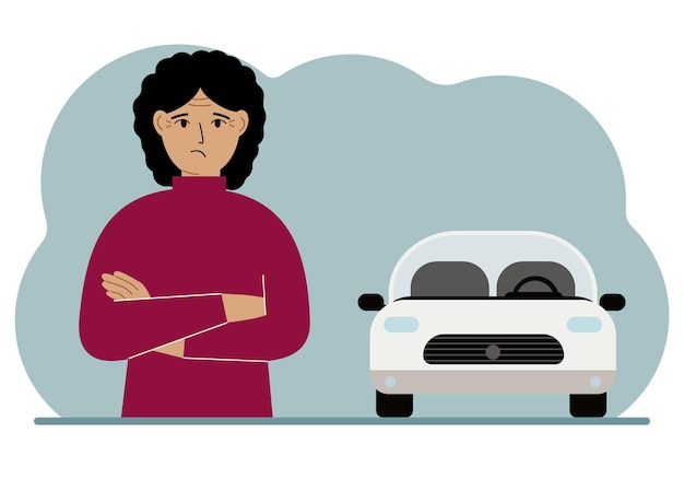 Triste mujer junto a un hermoso coche blanco Vector