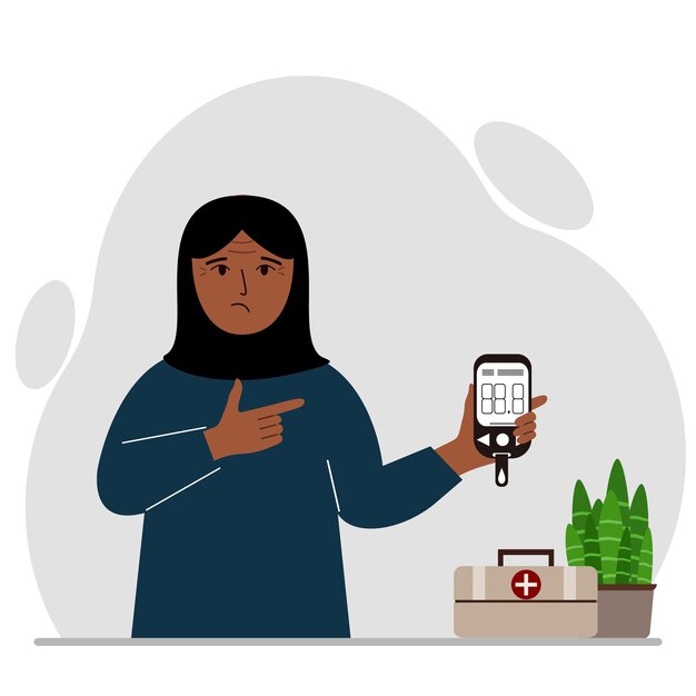 Triste mujer musulmana sostiene un glucómetro en su mano El concepto de control de azúcar en sangre diabético Vector ilustración plana