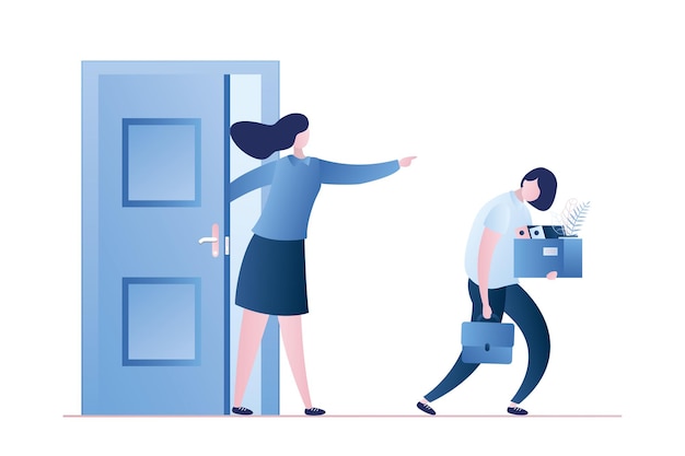 Triste mujer de negocios despedida trabajadora Jefe fuego empleada Gente de negocios personajes vector