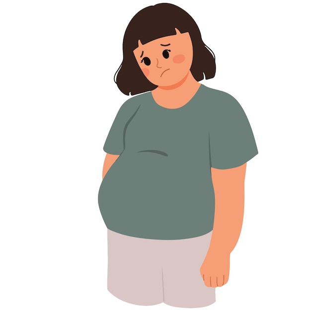 Triste mujer obesa gorda con ilustración de vientre hinchado