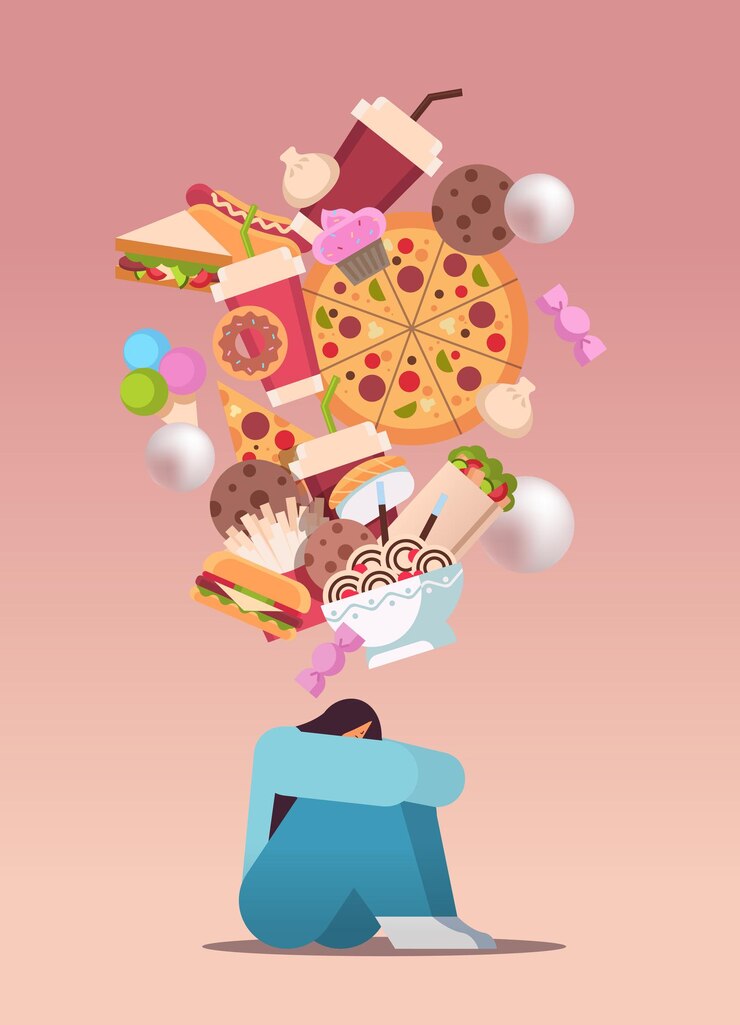 Vector triste mujer con sobrepeso pensando en la comida chatarra nutrición malsana adicción a la comida chatarra detener el concepto de comida rápida