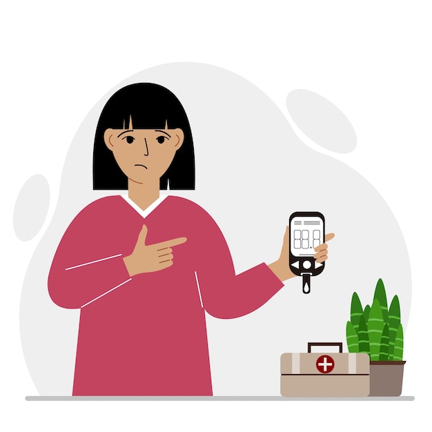 Triste mujer sostiene un glucómetro en su mano El concepto de control de azúcar en sangre diabético Vector ilustración plana