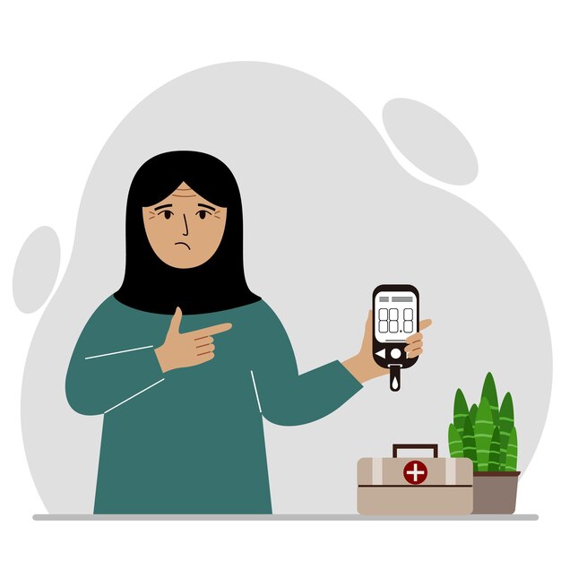 Triste mujer sostiene un glucómetro en su mano El concepto de control de azúcar en sangre diabético Vector ilustración plana