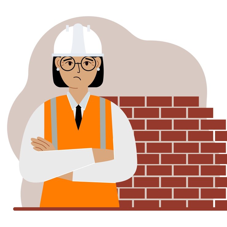 Vector triste mujer trabajadora de la construcción con casco blanco y chaleco naranja. ingeniero. vector