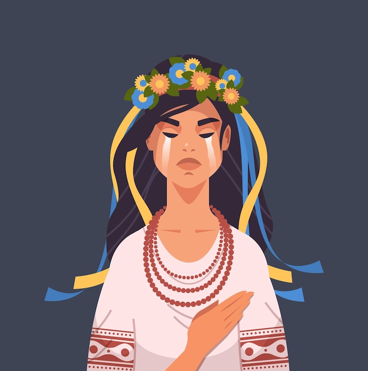 Vector triste mujer ucraniana en traje tradicional con corona de flores amarillas azules en la cabeza orar por la paz de ucrania salvar a ucrania de rusia detener la guerra concepto retrato vector ilustración