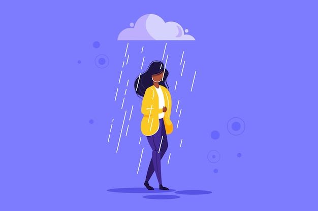 Triste personaje femenino de pie bajo la lluvia