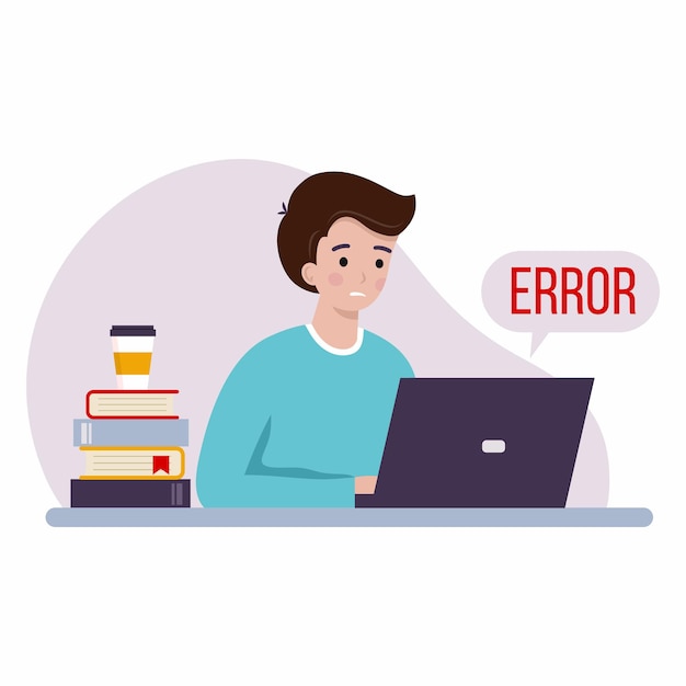 Triste portátil de trabajo del hombre. Mensaje de error. Educación independiente y en línea. Lugar de trabajo.