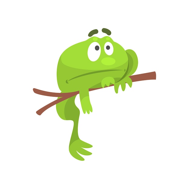 Triste rana verde divertido personaje colgando de la rama ilustración infantil de dibujos animados