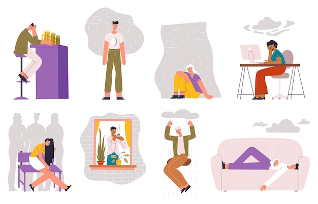 Triste, se siente solo, deprimido personas socialmente excluidas. Soledad, estrés, depresión sintiéndose tristes personajes femeninos masculinos conjunto de ilustraciones vectoriales. La gente se siente sola