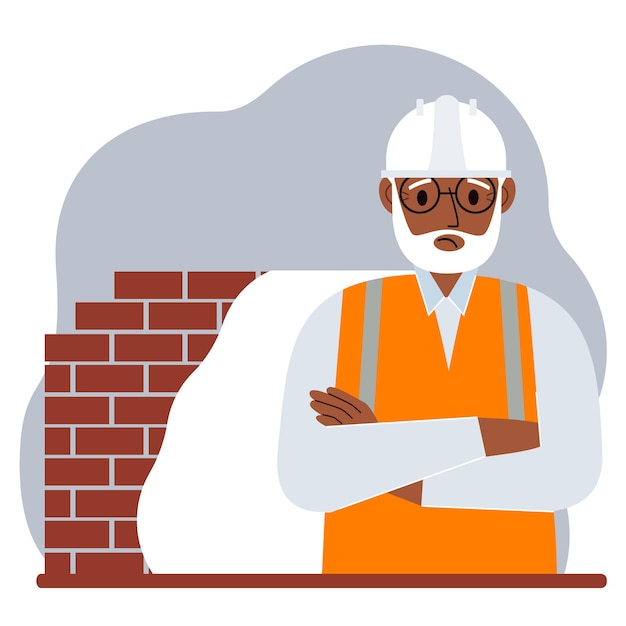 Triste trabajador de la construcción con casco blanco y chaleco naranja. ilustración plana vectorial