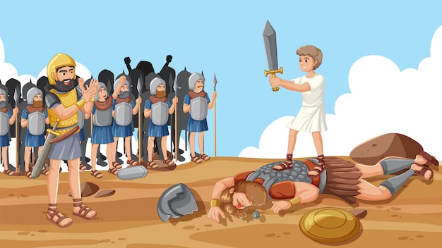 Vector el triunfo de david venciendo a goliat con una piedra y una espada