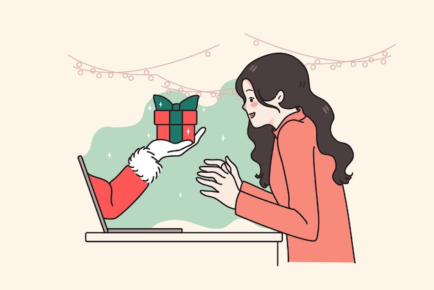 El triunfo de una joven emocionada recibe un regalo en la lotería de Navidad en línea en la computadora. Una chica muy contenta se siente eufórica con el regalo o gana en la oferta de venta de Año Nuevo o en la promoción en la web. ilustración vectorial