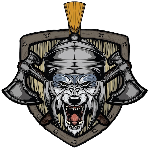 Trofeo de cabeza de lobo de gladiador romano en escudo