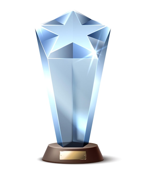 Trofeo de cristal realista. elemento de premios de ganadores de cristal en forma de estrella, plantilla vacía 3d, estatuillas brillantes, pedestal con letrero. primer lugar en desafío o competencia. ilustración de vector aislado