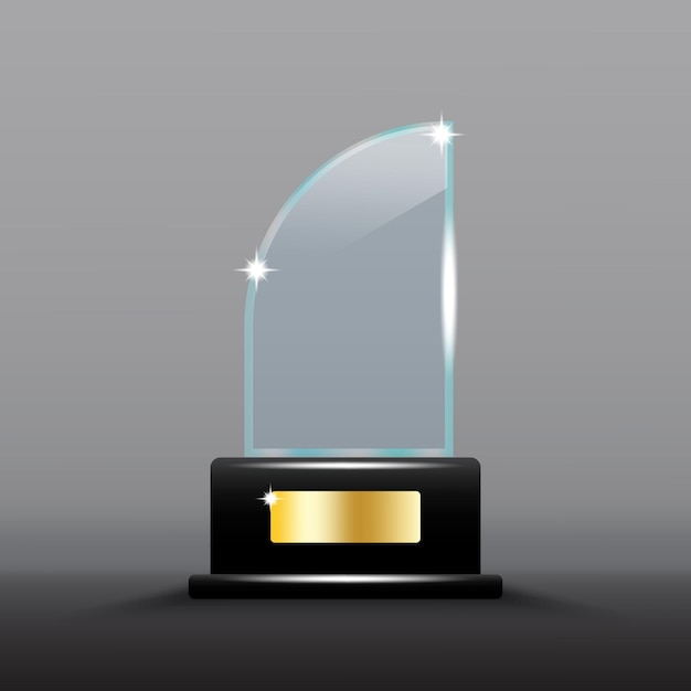 Trofeo curvo de vidrio Diseño elegante de cristal Base negra con placa de oro Premio vectorial brillante