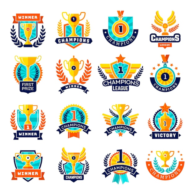 Trofeo emblema Colegio deporte equipo premios campeón logo evento tazas color reciente vector plantillas aisladas