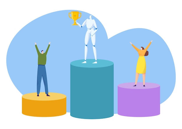 Trofeo de éxito para la ilustración de vector de robot ganador personas planas hombre mujer personaje stand en piedestal con máquina de inteligencia artificial