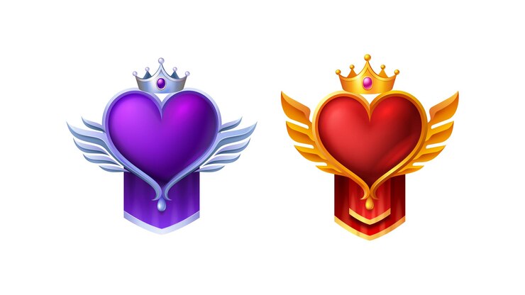 trofeo de insignia de premio de rango de juego de corazón con alas con corazón y corona en la parte superior roja y púrpura