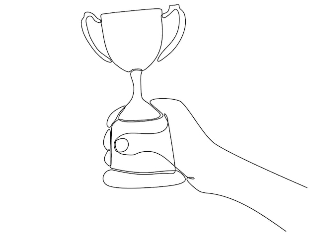 Trofeo de mano que dibuja continuamente un vector de símbolo de logro premium de línea